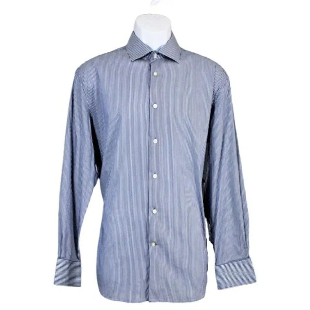 John Varvatos Shirt Long Sleeve Dress Pinstripe Regular Fit Blue  Men's Size Lg